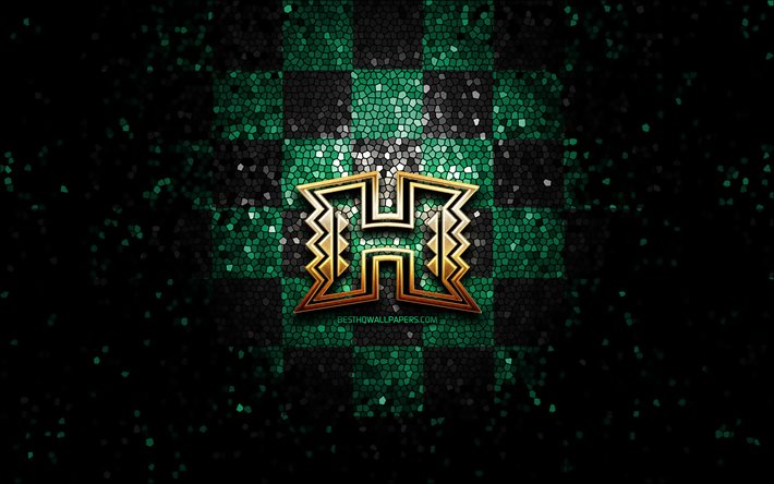 Hawaii Rainbow Warriors, glitter logo, NCAA, green black checkered background, USA, american football team, Hawaii Rainbow Warriors logo, mosaic art, american football, America