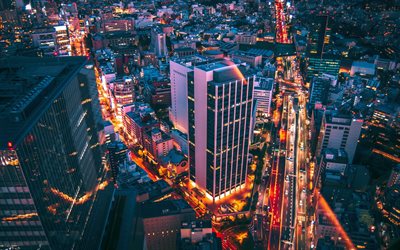 Tokyo, soir&#233;e, coucher du soleil, gratte-ciel, paysage urbain, la capitale du Japon, des b&#226;timents modernes, Japon