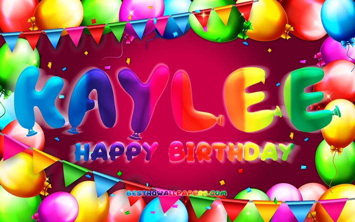 お誕生日おめでKaylee, 4k, カラフルバルーンフレーム, Kaylee名, 紫色の背景, Kayleeお誕生日おめで, Kaylee誕生日, 人気のアメリカ女性の名前, 誕生日プ, Kaylee