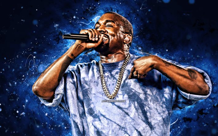 Kanye West, 2020, 4k, blue neon lights, american rapper, music stars, creative, Kanye West with microphone, Kanye Omari West, american celebrity, Kanye West 4K