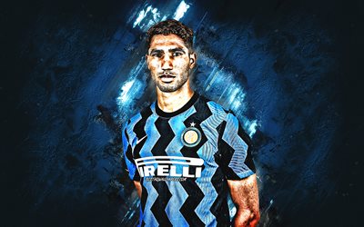 Achraf Hakimi, Inter Milan, Moroccan football player, portrait, Internazionale, blue stone background, Serie A, Italy, football, FC Internazionale