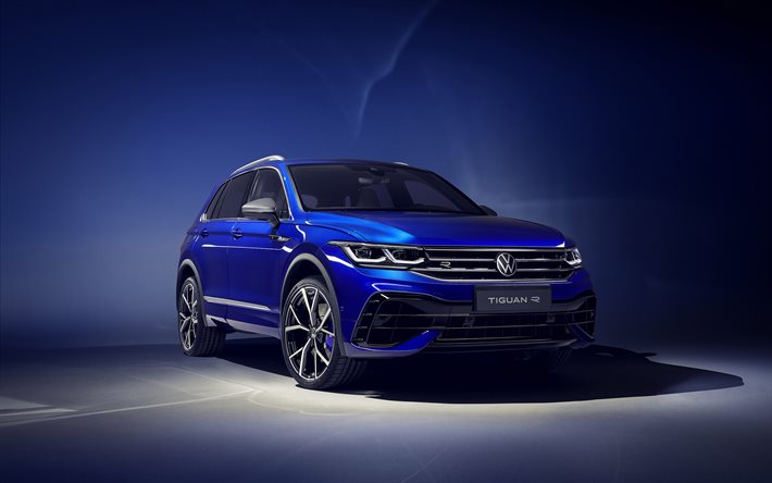 Volkswagen Tiguan R-2021, 4k, vue de face, &#224; l&#39;ext&#233;rieur, de bleu, de croisement, de nouveau, bleu Tiguan, allemand, voitures, Volkswagen, volvo