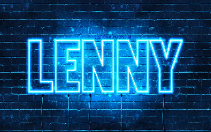 Lenny, 4k, fondos de pantalla con los nombres, el texto horizontal, Lenny nombre, Feliz Cumplea&#241;os Lenny, popular alem&#225;n macho de nombres, luces azules de ne&#243;n, de la imagen con el nombre de Lenny