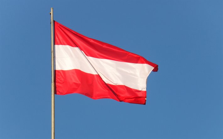 Austria flag on flagpole, blue sky, Europe, Austrian flag, flagpole, flag of Austria