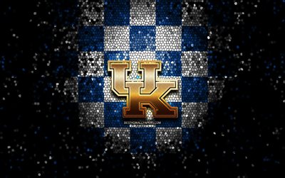 Kentucky Wildcats, glitter logo, NCAA, blue white checkered background, USA, american football team, Kentucky Wildcats logo, mosaic art, american football, America
