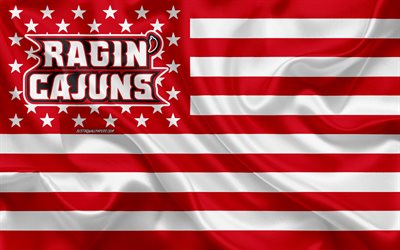 La louisiane Ragin Cajuns, &#233;quipe de football Am&#233;ricain, cr&#233;atif, drapeau Am&#233;ricain, rouge drapeau blanc, NCAA, Lafayette, Louisiane, &#233;tats-unis, en Louisiane, Ragin Cajuns logo, l&#39;embl&#232;me, le drapeau de soie, de football
