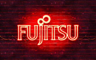 Fujitsu red logo, 4k, red brickwall, Fujitsu logo, brands, Fujitsu neon logo, Fujitsu