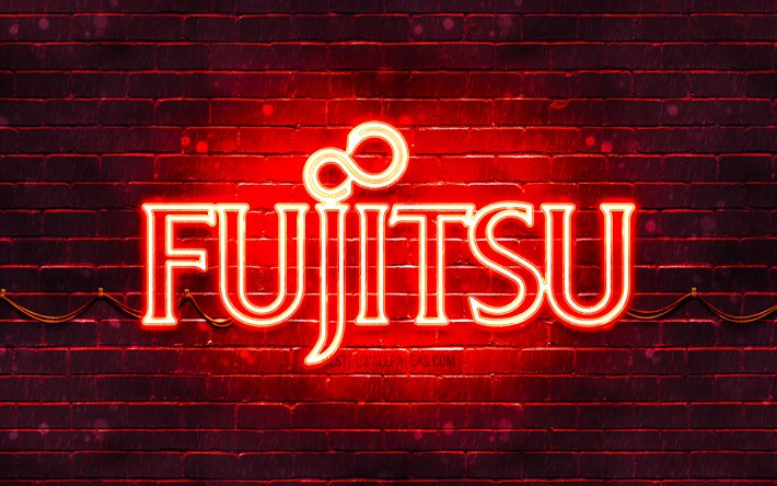 Fujitsu r&#246;d logo, 4k, red brickwall, Fujitsu logotyp, varum&#228;rken, Fujitsu neon logotyp, Fujitsu