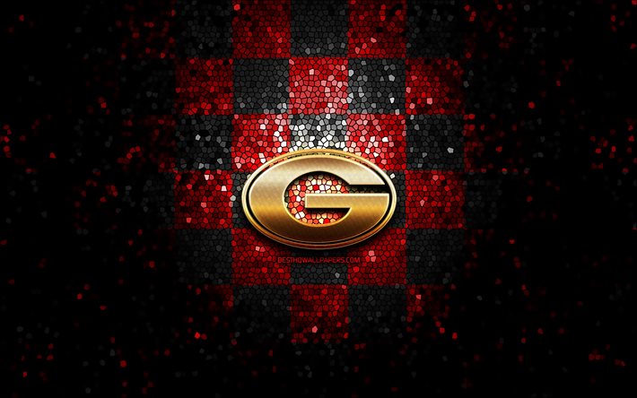Georgia Bulldogs, glitter logo, NCAA, kırmızı siyah arka plan, ABD, Amerikan futbol takımı, Georgia Bulldogs logo, mozaik sanatı, Amerikan Futbolu, Amerika damalı