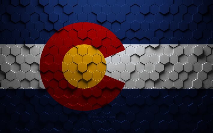 Bandiera del Colorado, arte a nido d&#39;ape, bandiera esagonale del Colorado, Colorado, arte esagonale 3d, bandiera del Colorado