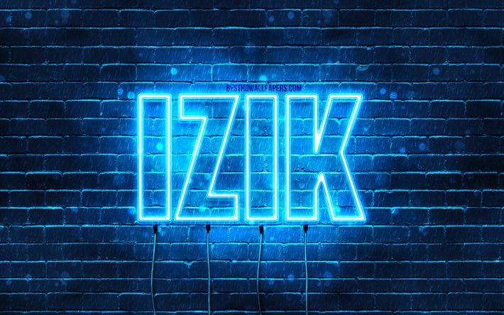 Izik, 4k, sfondi con nomi, nome Izik, luci al neon blu, Happy Birthday Izik, nomi maschili arabi popolari, immagine con nome Izik