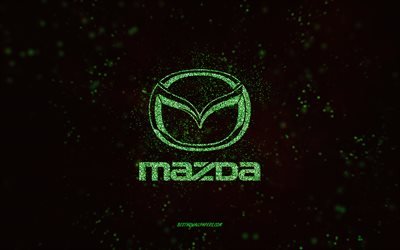 Mazda glitter logo, 4k, black background, Mazda logo, green glitter art, Mazda, creative art, Mazda green glitter logo