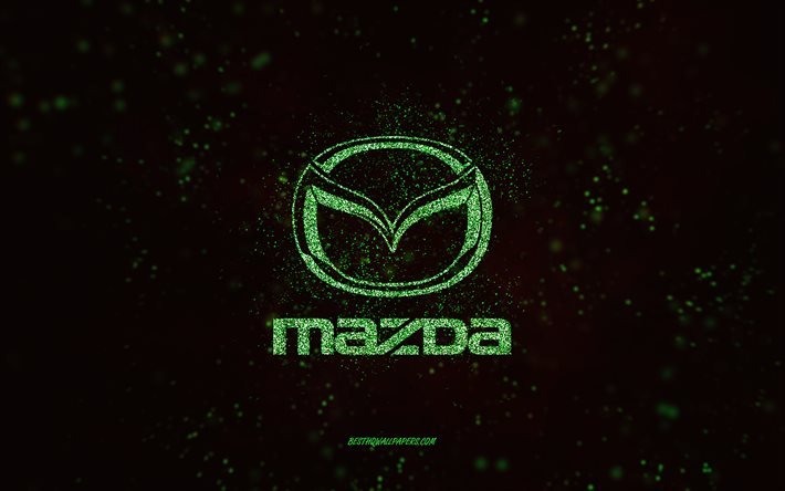 Logotipo mazda glitter, 4k, fundo preto, logotipo Mazda, arte de brilho verde, Mazda, arte criativa, logotipo de brilho verde Mazda