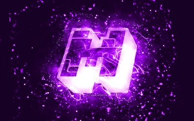 Download wallpapers Minecraft violet logo, 4k, violet neon lights