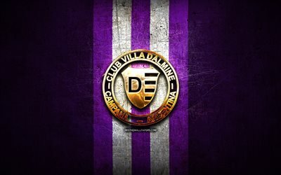 Villa Dalmine FC, logotipo dourado, Primera Nacional, fundo de metal violeta, futebol, clube de futebol argentino, logotipo villa Dalmine, Argentina, Club Villa Dalmine