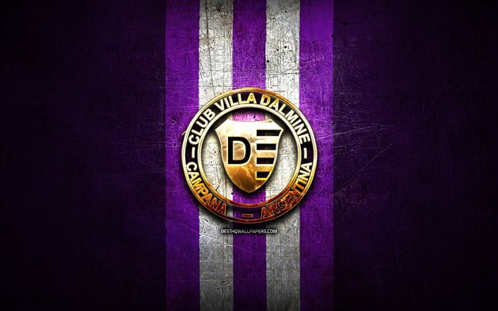 Villa Dalmine FC, kultainen logo, Primera Nacional, violetti metallitausta, jalkapallo, argentiinalainen jalkapalloseura, Villa Dalmine logo, Argentiina, Club Villa Dalmine