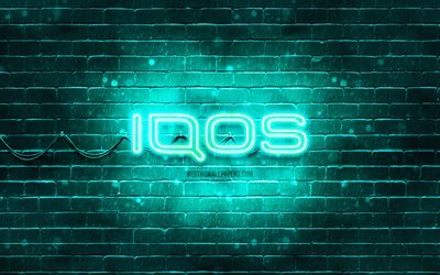 IQOS turquoise logo, 4k, turquoise brickwall, IQOS logo, antivirus software, IQOS neon logo, IQOS