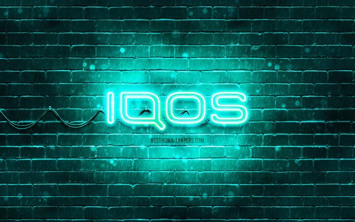 Logotipo turquesa IQOS, 4k, parede de tijolo turquesa, logotipo IQOS, software antiv&#237;rus, logotipo neon IQOS, IQOS