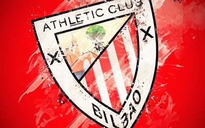 Athletic Bilbao FC, 4k, paint art, creative, Spanish football team, logo, La Liga, The Primera Division, emblem, red background, grunge style, Bilbao, Spain, football