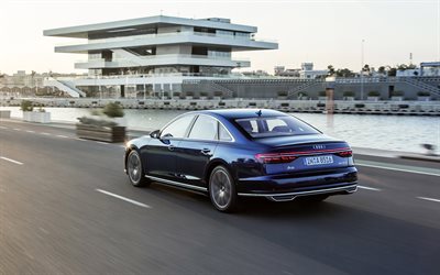 Audi A8, 2019, 4k, vista posterior, azul nuevo A8, clase de negocios, exterior, azul sed&#225;n de lujo, coches alemanes, el Audi