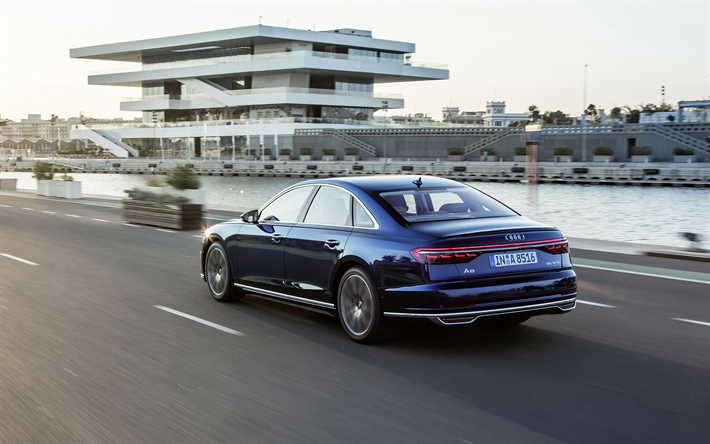Audi A8, 2019, 4k, vis&#227;o traseira, novo azul A8, classe executiva, exterior, azul sedan de luxo, Carros alem&#227;es, Audi