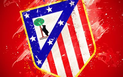 Atletico Madrid, 4k, paint art, creative, Spanish football team, logo, La Liga, The Primera Division, emblem, red background, grunge style, Madrid, Spain, football