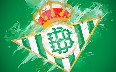 Real Betis FC, 4k, paint art, creative, Spanish football team, logo, La Liga, The Primera Division, emblem, green background, grunge style, Sevilla, Spain, football