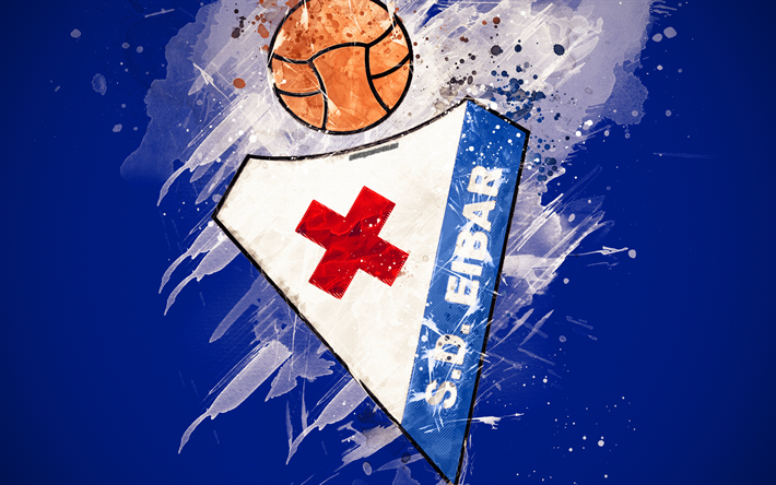 SD Eibar, 4k, 塗装の美術, 創造, スペインサッカーチーム, ロゴ, のリーグ, のPrimera部門, エンブレム, 青色の背景, グランジスタイル, Eibar, スペイン, サッカー