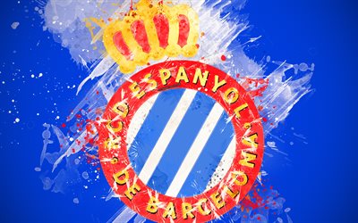 RCD Espanyol, 4k, paint taidetta, luova, Espanjan jalkapallo joukkue, logo, Liiga, Primera Division, tunnus, sininen tausta, grunge-tyyliin, Barcelona, Espanja, jalkapallo