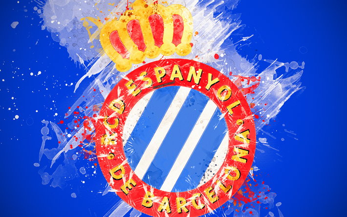 O RCD Espanyol, 4k, a arte de pintura, criativo, Time de futebol espanhol, logo, A Liga, A Primeira Divis&#227;o, emblema, fundo azul, o estilo grunge, Barcelona, Espanha, futebol