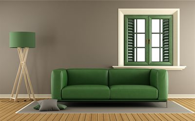 elegante interior, sala de estar, sof&#225; de cuero verde, verde de la ventana, moderno dise&#241;o de interiores