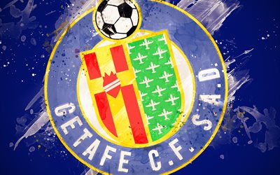 Getafe CF, 4k, a arte de pintura, criativo, Time de futebol espanhol, logo, A Liga, A Primeira Divis&#227;o, emblema, fundo azul, o estilo grunge, Getafe, Espanha, futebol