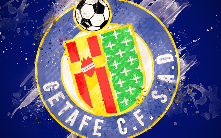 getafe cf -, 4k -, lack -, kunst -, kreativ -, spanisch-fu&#223;ball-team, logo, la liga, primera division, emblem, blauer hintergrund, grunge style, getafe, spanien, fu&#223;ball