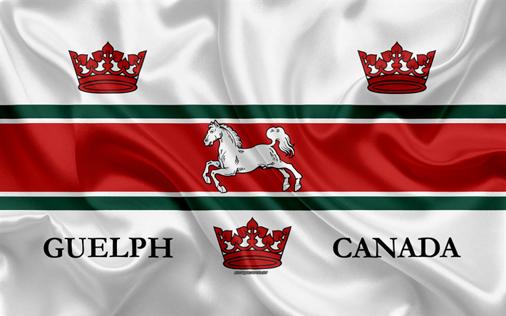 Guelph bayrak, 4k, ipek doku, Kanada, şehir, beyaz, kırmızı ipek bayrak, Guelph bayrağı, British Columbia, sanat, Kuzey Amerika, Guelph