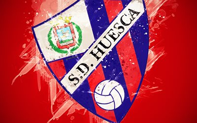 SD-Huesca, 4k, paint taidetta, luova, Espanjan jalkapallo joukkue, logo, Liiga, Primera Division, tunnus, punainen tausta, grunge-tyyliin, Huesca, Espanja, jalkapallo, Sociedad Deportiva Huesca