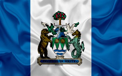 Lipun Kelowna, 4k, silkki tekstuuri, Kanadan kaupunki, valkoinen sininen silkki lippu, Kelowna lippu, British Columbia, Kanada, art, Pohjois-Amerikassa, Kelowna
