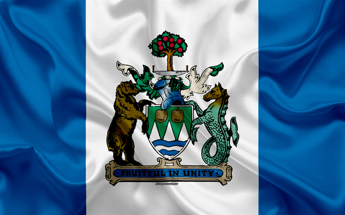 Bandeira de Kelowna, 4k, textura de seda, Cidade canadense, branca de seda azul da bandeira, Kelowna bandeira, British Columbia, Canada, arte, Am&#233;rica Do Norte, Kelowna