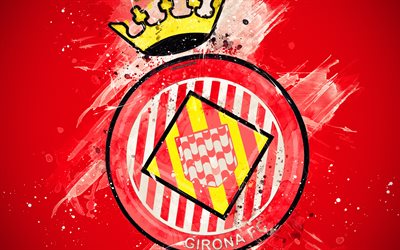 Girona FC, 4k, paint taidetta, luova, Espanjan jalkapallo joukkue, logo, Liiga, Primera Division, tunnus, punainen tausta, grunge-tyyliin, Girona, Espanja, jalkapallo
