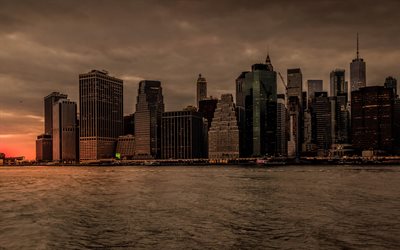 4k, New York, downtown, sunset, cityscapes, Manhattan, skyscrapers, USA, America