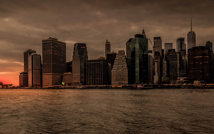 4k, New York, downtown, sunset, cityscapes, Manhattan, skyscrapers, USA, America