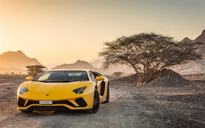 Lamborghini Aventador S, 2018, yellow sports car, front view, sports coupe, new yellow Aventador, Italian sports cars, Lamborghini
