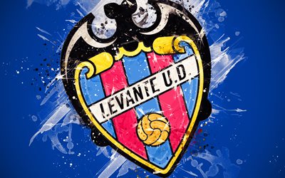 Levante ud, 4k, الطلاء الفن, الإبداعية, الإسباني لكرة القدم, شعار, الدوري, The Primera Division, خلفية زرقاء, أسلوب الجرونج, فالنسيا, إسبانيا, كرة القدم