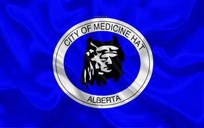 Bandeira de Medicine Hat, 4k, textura de seda, Cidade canadense, de seda azul da bandeira, Medicine Hat bandeira, Alberta, Canada, arte, Am&#233;rica Do Norte, Medicine Hat