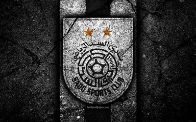 4k, Al-SaddFC, emblem, Qatar Stars League, soccer, black stone, football club, logo, Qatar, Al-Sadd, Doha, asphalt texture, FC Al-Sadd