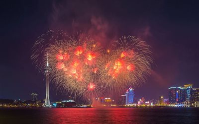 Torre de macao Convenio de Centro de Entretenimiento, la Torre de Macao, en Macao, China, fuegos artificiales, fiesta, noche