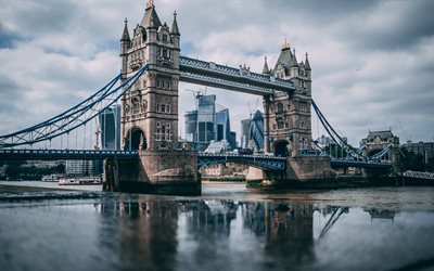 4k, Tower Bridge, panorama, english landmarks, skyline, London, England, UK