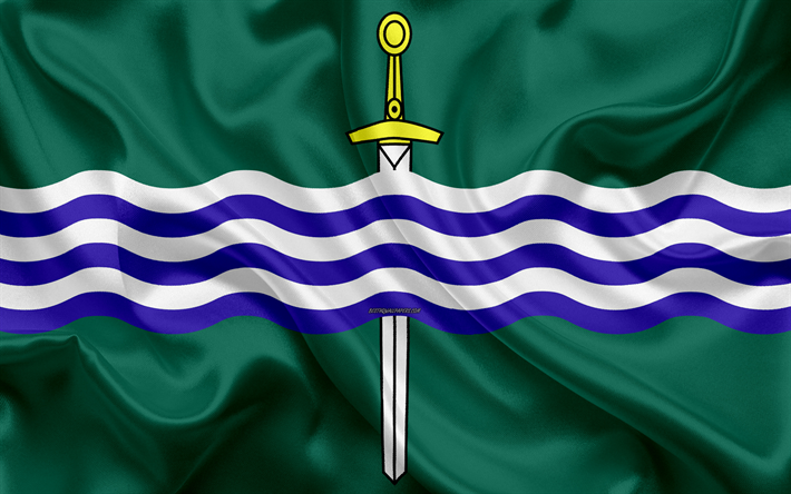 Bandiera di Peterborough, 4k, seta, texture, la citt&#224; Canadese di seta verde bandiera, Peterborough, bandiera, Ontario, Canada, arte, Nord America