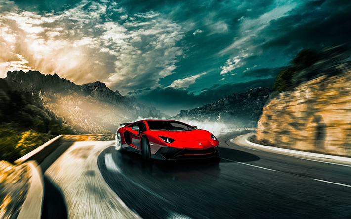 Lamborghini Aventador SV, 4k, drift, 2018 araba, yol, kırmızı Aventador, s&#252;per, Lamborghini