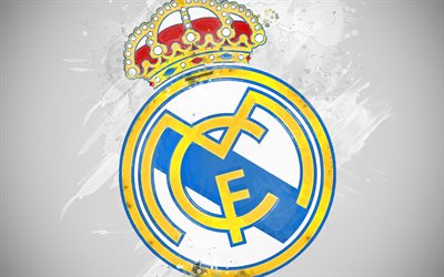 Real Madrid CF, 4k, paint art, creative, Spanish football team, logo, La Liga, The Primera Division, emblem, white background, grunge style, Madrid, Spain, football, Real Madrid