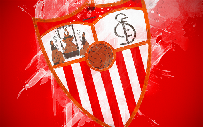 Sevilla FC, 4k, الطلاء الفن, الإبداعية, الإسباني لكرة القدم, شعار, الدوري, The Primera Division, خلفية حمراء, أسلوب الجرونج, اشبيلية, إسبانيا, كرة القدم